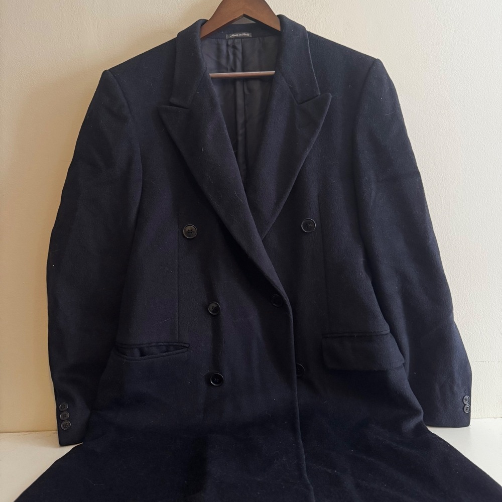 VTG Wool Cashmere Double Breasted Navy Blazer Long Coat Old Money Soft Luxury